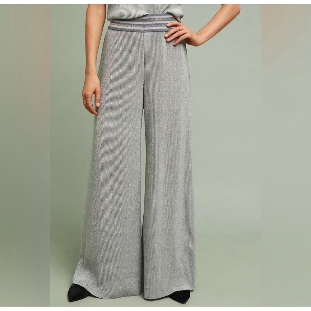 Anthropologies ett:twa Pants‎ Women XS Silver Plisse Crepescule Wide Leg Pull On